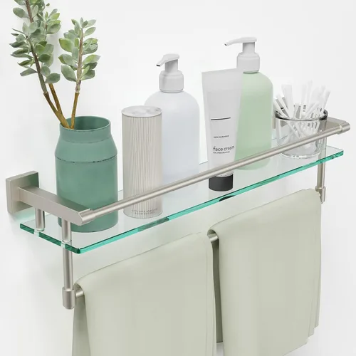 Vista 17 de Estante de vidrio para baño de 20 pulgadas, estantes de baño con barra para toallas, estantes de vidrio templado con soporte para toallas de acero
