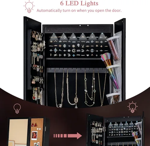 Vista 2 de LAVIEVERT Armario de joyería de 6 LED con marco de fotos, gabinete de almacenamiento de maquillaje de joyería independiente con espejo, organizador