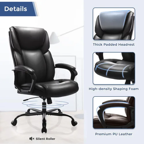 Vista 5 de ZUNMOS Escritorio ejecutivo para oficina en casa, con respaldo alto, altura ajustable y giratoria, silla de soporte lumbar para cabeza, cuero negro