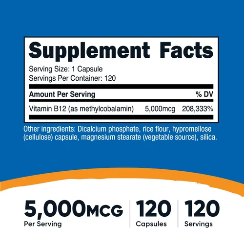 Vista 2 de Nutricost Vitamina B12 (metilcobalamina) 5000mcg, 120 cápsulas – Cápsulas vegetarianas, sin OMG, suplemento B12 sin gluten