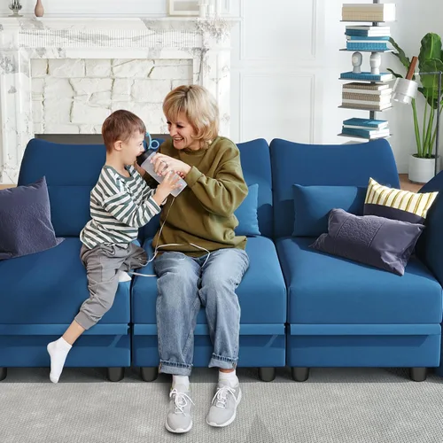 Vista 7 de LLappuil Sofá modular de terciopelo en forma de L con almacenamiento, sofá moderno de 5 plazas de 127.8 pulgadas con diván, sofás reclinables de Azul