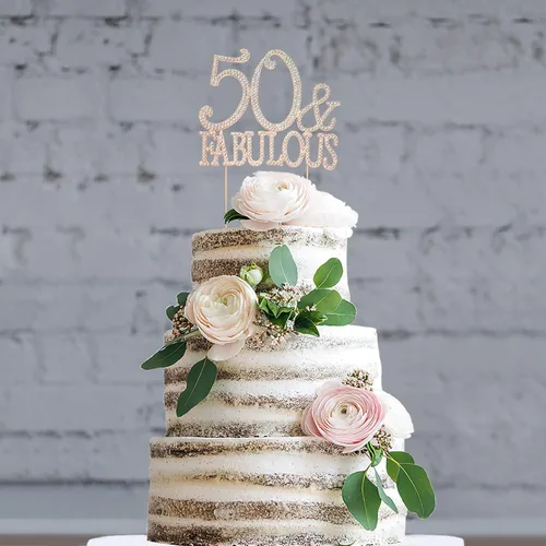 Vista 8 de Decoración de 50 tartas – Metal de oro rosa de alta calidad – 50 y fabuloso – Decoración brillante de diamantes de imitación para fiesta