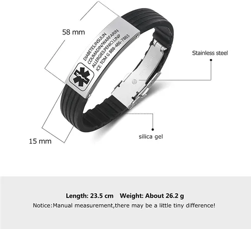 Vista 2 de Pulsera personalizada de silicona, pulsera médica deportiva de identificación de emergencia para hombres, mujeres y niños, grabado gratuito