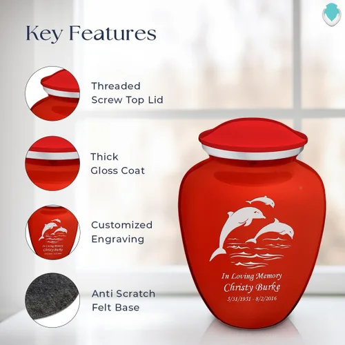 Vista 2 de Geturns Embrace - Urnas de cremación personalizadas de delfines para cenizas humanas, urna funeraria grande de color rojo brillante para mujeres