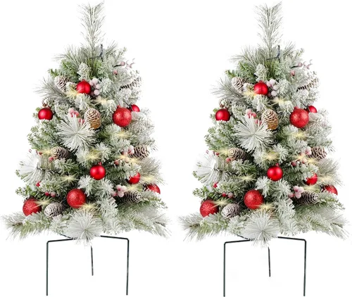 Vista 10 de Árbol de Navidad de 30 pulgadas preiluminado, 2 juegos de árboles de Navidad, preiluminados, LED, funciona con pilas, decoración de Navidad al aire