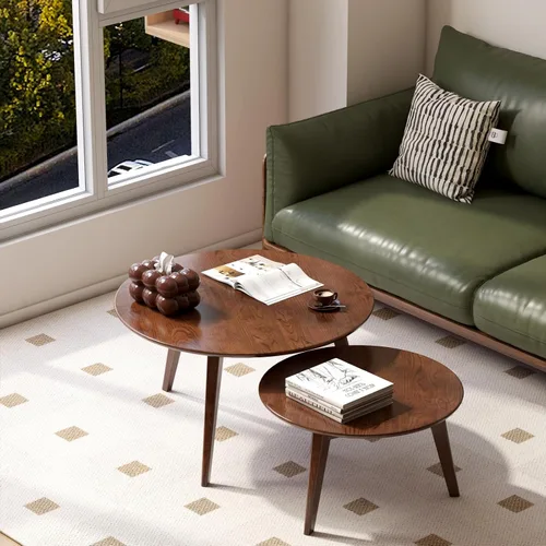 Vista 11 de Juego de mesa de café 100% de madera de roble macizo, mesa de café redonda combinada mesa auxiliar con patas de madera maciza, mesa de mediados