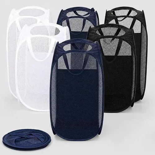 Vista 6 de AQQA Juego de 9 cestas de malla para la ropa sucia, negro/blanco/azul, asas duraderas, plegable, construcción de malla resistente, ideal para niños