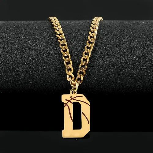 Vista 4 de Collar con dije de inicial de baloncesto A-Z, collar de cadena de eslabones cubanos de acero inoxidable para niños, hombres y mujeres, colgante
