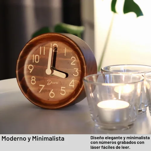 Vista 6 de Driini Reloj de Escritorio Analógico de Madera – 4.3 pulg. Madera de Pino Decorativa, Diseño Sin Tic-Tac – Reloj de Repisa Silencioso de Barrido
