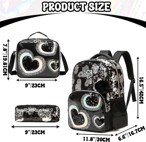 Vista 32 de Mochila para niñas de 16 pulgadas, mochilas para niñas para la escuela, mochila de lentejuelas con lonchera para estudiantes de primaria