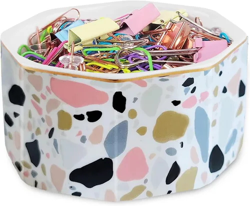 Vista 14 de Portaclips de Cerámica con Línea Dorada Dispensador Organizador de Clips para Escritorio Lindo Patrón de Mármol Terrazo Portaclips de Oficina