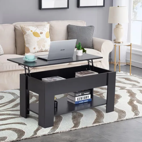 Vista 2 de FDW Mesa de Centro Elevable de 39.4 pulgadas con Compartimento Oculto y Estante de Almacenamiento, Tablero de Madera Elevable para Hogar, Sala