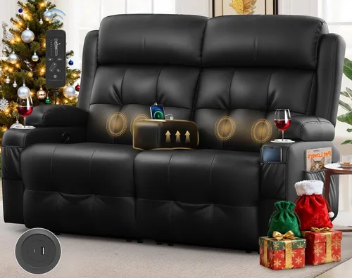 Vista 31 de Sofá reclinable manual de dos plazas, sofá reclinable de pared con masaje, puertos USB y tipo C, almacenamiento, portavasos, sofá RV para sala
