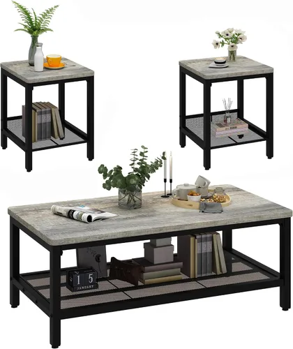Vista 9 de Conjunto de 3 mesas de café AWQM, mesa de café industrial con 2 mesas auxiliares cuadradas, conjunto de mesas modernas para sala de estar