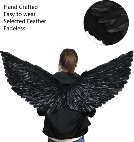 Vista 4 de Alas de ángel negras disfraz de ángel de otoño disfraz de fiesta de Halloween cosplay ala de ángel de plumas para niños adultos y mujeres S