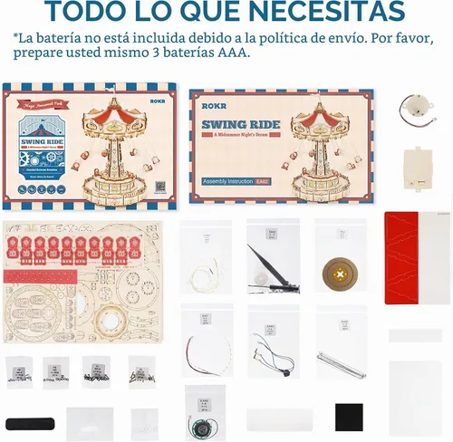 Vista 7 de ROKR Kit de rompecabezas 3D de madera con caja de música y LED, kit de modelo mecánico giratorio con columpio, kit de manualidades de bricolaje