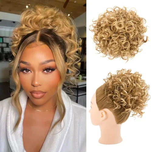 Vista 11 de HOOJIH - Moño desordenado para el pelo, pieza de pelo con cordón elástico, onda suelta, gran moño rizado, corto, extensión de cola de caballo Negro