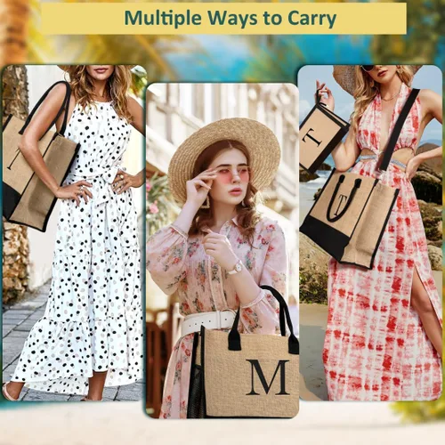 Vista 5 de TOPEAST Jute Beach Tote Bag and Makeup Bag Personalized Birthday Gifts for Women Bridesmaid Gifts