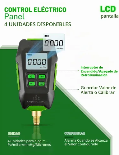 Vista 3 de Medidor Digital de Vacío en Micrones 1/4" SAE, Probador de Presión Digital HVAC, Alarma de Aviso, Compensación de Temperatura, Pantalla LCD, 4
