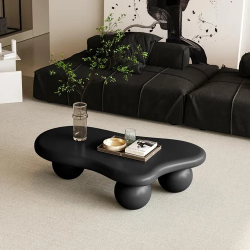 Vista 5 de Mesa de centro negra de 40 pulgadas, moderna mesa de centro baja de piedra sintética, con 3 patas de bola, mesas de té irregulares para sala