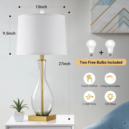 Vista 20 de Juego de 2 lámparas de mesa de cristal de 27 pulgadas con puertos USB, lámparas táctiles para mesita de noche 3-Way Dimmable,E26 Base, Bulbs