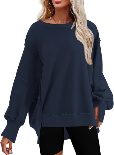 Vista 21 de SHEWIN Sudadera casual de gran tamaño de manga larga con costuras inversas y cuello redondo para mujer Un negro