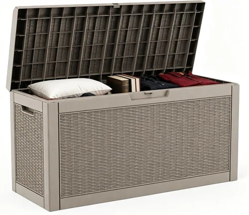 Vista 17 de DRATO Caja de almacenamiento para cubierta de 31 galones, caja de almacenamiento para exteriores para cojines de patio, herramientas de jardín, caja