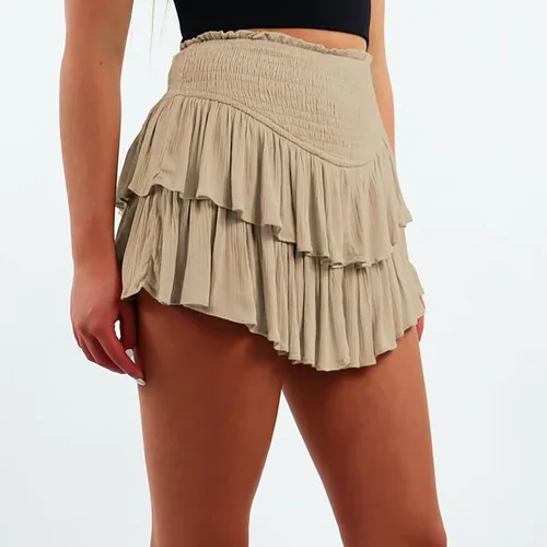 Vista 6 de iCJJL Minifalda para mujer, falda blanca de cintura alta, dobladillo con volantes, falda corta casual con pantalones cortos