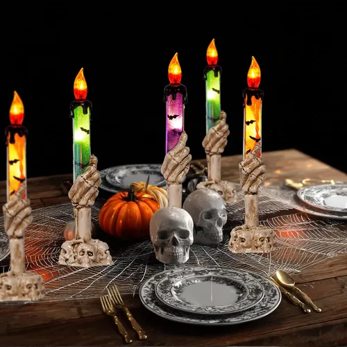 Vista 3 de Hourleey Decoraciones de Halloween, paquete de 10 velas de calavera con estacas, funciona con pilas, impermeable, decoración de camino