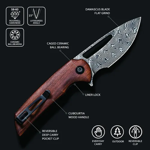 Vista 3 de CIVIVI Odium - Cuchillo plegable pequeño de Damasco, cuchillo de bolsillo flipper de 2.65 pulgadas para EDC y camping, mango de madera Cuibourtia
