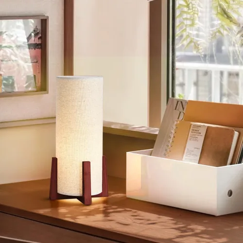 Vista 4 de KUNJOULAM Modernas lámparas de mesa pequeñas, lámpara de mesita de noche con pantalla de tela de lino, lámpara de mesa cilíndrica de 13.9 pulgadas