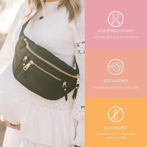 Vista 4 de JuJuBe Bolso bandolera ecológico, riñonera negra de moda para mamás, adorable riñonera o cangurera cruzada, incluye 5 bolsillos y ranuras