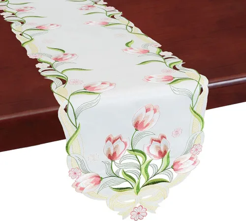 Vista 7 de Caminos de mesa pequeños bordados de tulipán, manteles florales de primavera para Pascua (azul, 13 x 35 pulgadas)