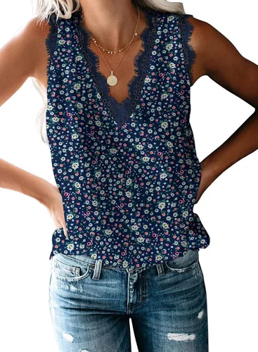 Vista 214 de VIISHOW - Camiseta sin mangas, sexy, con cuello en V y bordes de encaje para mujer, camisola de vestir, camisas de gasa, sin mangas, casuales