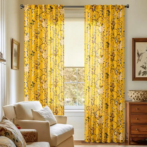 Vista 48 de Cortinas de lino de pájaro floral azul 2 paneles de 72 pulgadas de largo Aqua Blue
