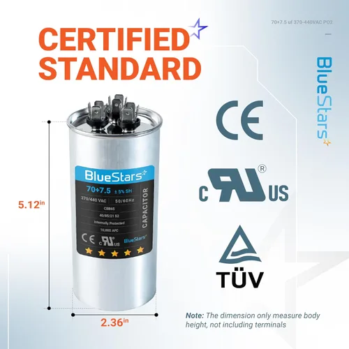 Vista 2 de [Certificado UL] BlueStars 70/7.5 uF 70+7.5 MFD 370 o 440 voltios VCA Condensador redondo de doble funcionamiento, compatible con aire acondicionado