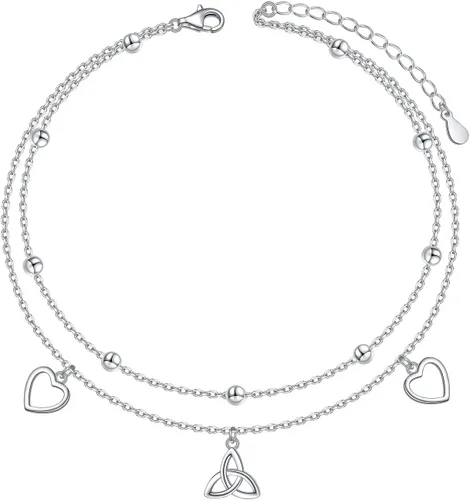Vista 10 de Tobillera para mujer de plata de ley S925 estilo playa con capas ajustable, pulsera de tobillo con disco, ojo turco, corazón, infinito, cuenta