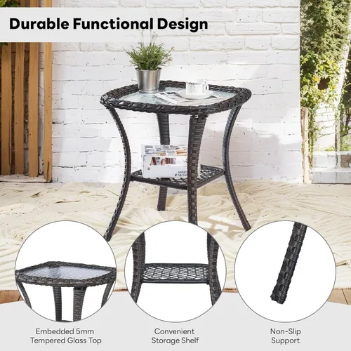 Vista 3 de Belord Mesa auxiliar pequeña para exteriores, mesa de mimbre de vidrio templado, mesa de centro impermeable para patio, mesa auxiliar de ratán