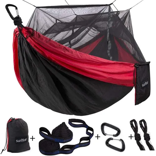 Vista 14 de Sunyear Hamaca de Camping, Hamaca Portátil Individual y Doble con Red, Tienda de Hamaca para 2 Personas con 2 Correas de 3 metros, Ideal para A