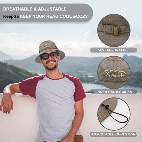 Vista 2 de Sombrero de sol para hombre, bordado de algodón, para verano, protección solar, ala ancha, plegable, estilo safari, boonie