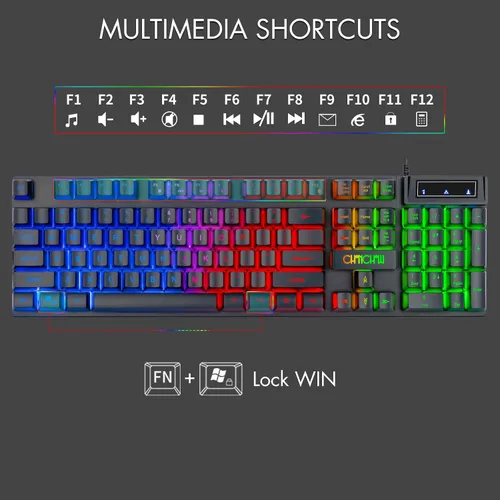 Vista 2 de CHONCHOW Teclado y mouse para juegos con retroiluminación LED USB con iluminación de 104 teclas 3600DPI 2 botones laterales Teclado de mouse
