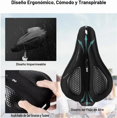 Vista 3 de YOUNGDO Cojín de asiento de bicicleta con funda impermeable, almohadilla de asiento de bicicleta de gel para sillín estrecho, absorción de golpes