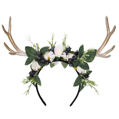 Vista 9 de MOSTORY Diadema hecha a mano con cuernos de flores blancas – Diadema de renos del bosque, diadema floral de bosque con cuernos de ciervo