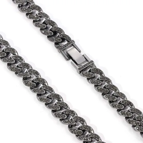 Vista 3 de rongji jewelry Mens Womens Cuban Link Necklace - Heavy Strong Black Cuban Link Chain Iced Out Miami Curb Chain with Bling Bling Clear Rhinestones
