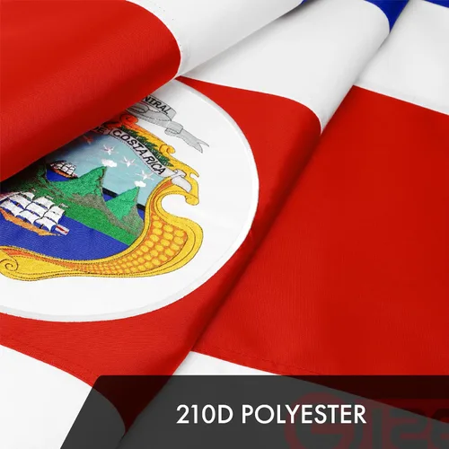 Vista 4 de G128 Bandera de Costa Rica 3 x 5 pies Serie ToughWeave bordado de poliéster 300D Bandera de país, diseño bordado, interior y exterior, ojales