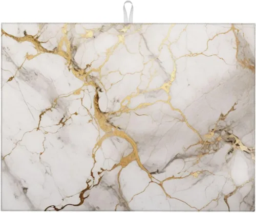 Vista 90 de Tapete de secado de platos de mármol blanco dorado para encimera de cocina, absorbente de 16 x 18 pulgadas, placa de microfibra de vidrio