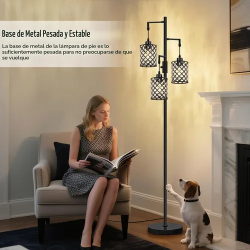 Vista 3 de Lámparas de pie de cristal GyroVu para sala de estar, lámpara de pie negra de 3 luces, lámpara alta de pie con elegante pantalla de cristal K9