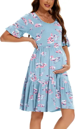 Vista 16 de Smallshow Vestido de maternidad para mujer, con volantes, manga corta, ropa de embarazo de verano Verde militar