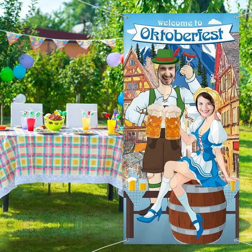 Vista 5 de Blulu Decoraciones de fiesta de Oktoberfest para fiesta de Oktoberfest, accesorios de fotos de tela gigante, fondo de cabina de fotos, suministros