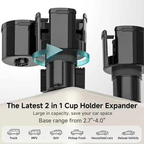 Vista 5 de TYKOR Expansor de portavasos para automóvil, adaptador extensor de portavasos 2 en 1 con base expandible, se adapta a Yeti, Hydroflask, botellas